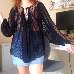 Polkadot black lace tie-front blouse